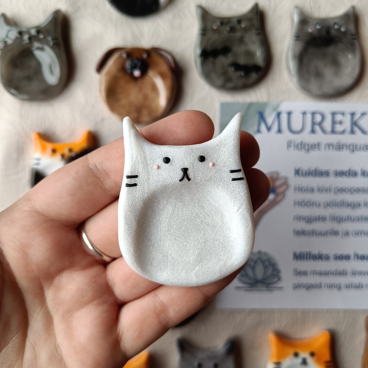 Cat-shaped fidget toy held in a hand with a blurred background of similar toys and text.